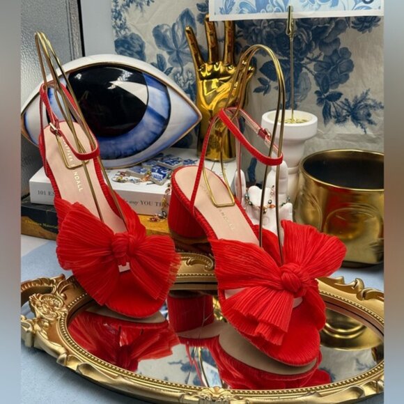 🆕 LOEFFLER RANDALL 🧿 NWOT Dahlia Candy Apple Red Pleated Organza Bow Heel Sz 7 - Picture 4 of 16